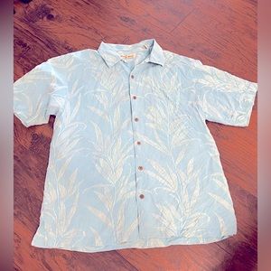 Tommy Bahama Teal Blue Palm Print 100% Silk Aloha Shirt sz Large